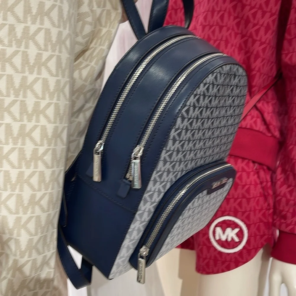 MICHAEL KORS Jaycee Medium Ombré Signature Logo Zip Pocket Backpack Navy NWT